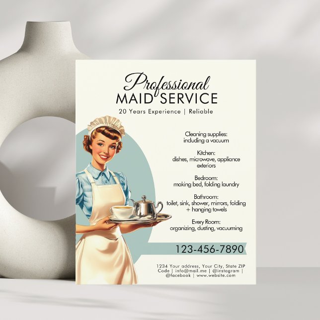 Prospectus 11,4 Cm X 14,2 Cm Service ménager professionnel Rétro (Professional Maid Housekeeping Service Retro Flyer)