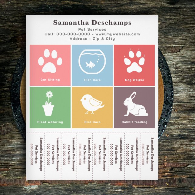 Prospectus 11,4 Cm X 14,2 Cm Services aux animaux de compagnie et Carrés de cou (Pet Services & Color Squares Tear Off Strips Flyer)