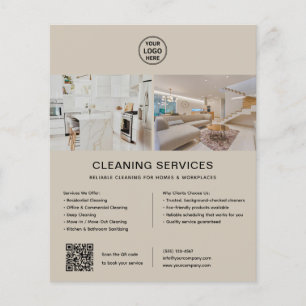 Prospectus 11,4 Cm X 14,2 Cm Services de nettoyage Logo personnalisé QR Beige