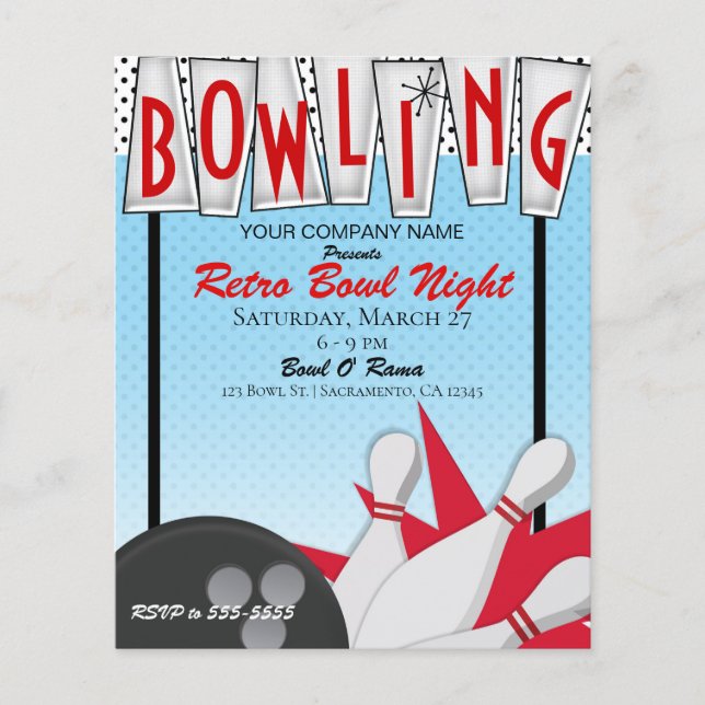 Prospectus 11,4 Cm X 14,2 Cm Soirée de bowling rétro pour événement d'entrepris (Devant)