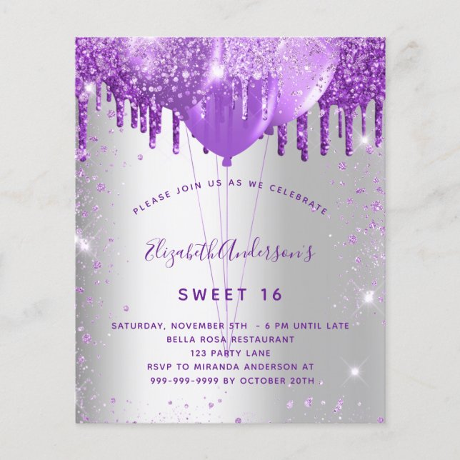 Prospectus 11,4 Cm X 14,2 Cm Sweet 16 argent violet invitation budget (Devant)