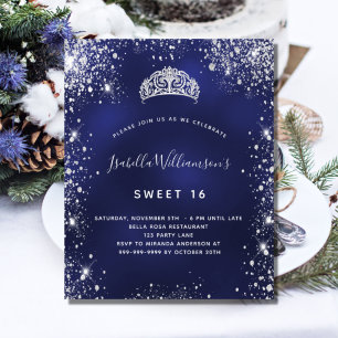 Prospectus 11,4 Cm X 14,2 Cm Sweet 16 bleu argent tiara invitation budget