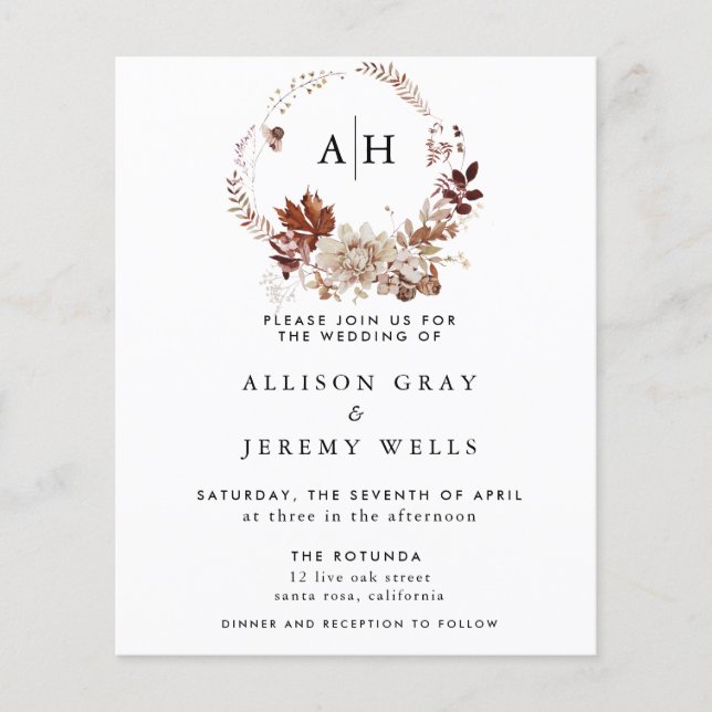 Prospectus 11,4 Cm X 14,2 Cm Volet Faire-part de mariage monogramme d'automne d (Devant)