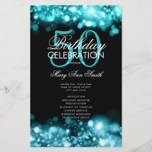 Prospectus 14 Cm X 21,6 Cm 50th Birthday Program Glam Lights Teal Menu