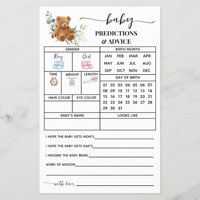 Prospectus 14 Cm X 21,6 Cm Bear Green Prédictions Conseil Carte Baby shower (Devant)