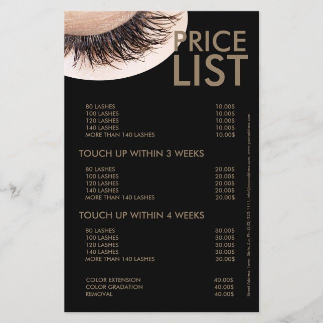 Prospectus 14 Cm X 21,6 Cm Boue Lashes Eyelash Extensions Black Price List (Devant)