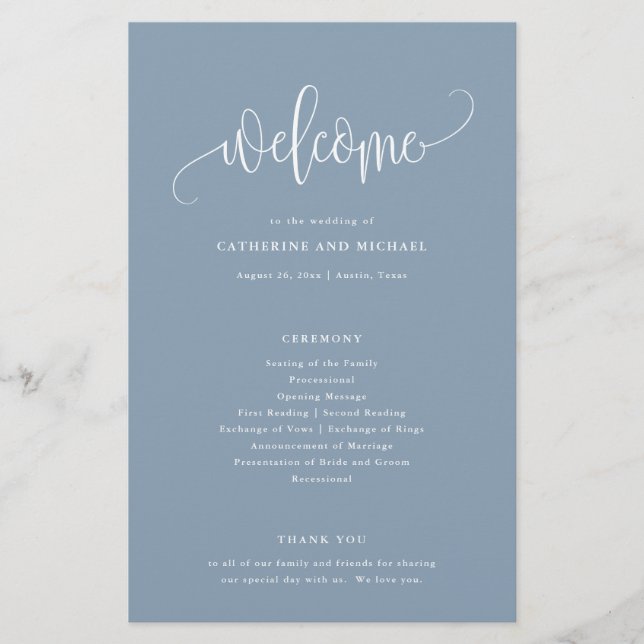 Prospectus 14 Cm X 21,6 Cm Calligraphie minimaliste Dusty Blue Paper Program (Devant)