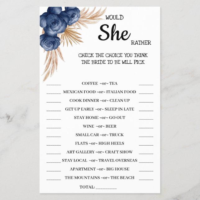 Prospectus 14 Cm X 21,6 Cm Carte de jeu de Baby Shower BlueFlower "Would She  (Devant)