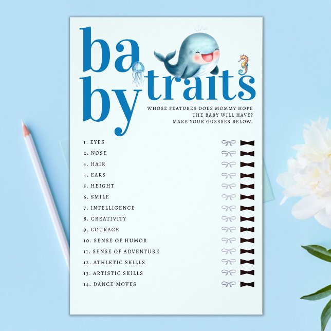 Prospectus 14 Cm X 21,6 Cm Devinez les caractéristiques de bébé Shower Jeu Dr (baby traits boy shower game under the sea cute whale jellyfish seahorse blue watercolor whimsical)