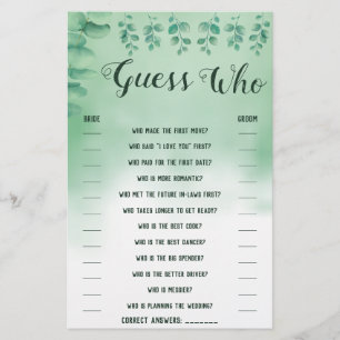Prospectus 14 Cm X 21,6 Cm Devinez Qui Verdure Eucalyptus Douche Carte De Jeu