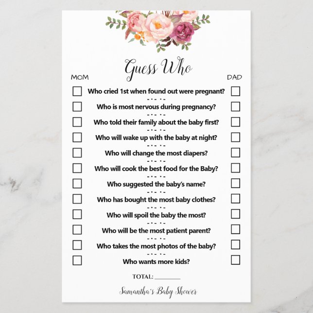 Prospectus 14 Cm X 21,6 Cm Fleurs Roses Devinez Qui Baby shower Carte De Jeu (Devant)