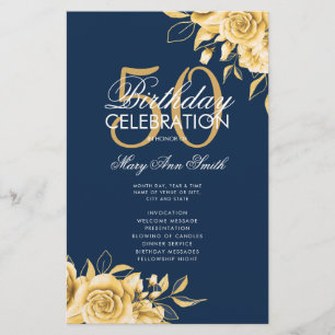 Prospectus 14 Cm X 21,6 Cm Floral 50th Birthday Program Gold & Navy avec menu
