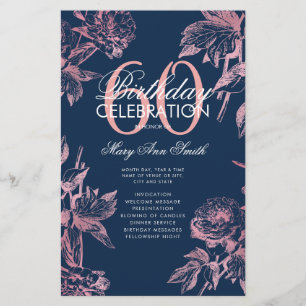 Prospectus 14 Cm X 21,6 Cm Floral 60th Birthday Programme Rose Gold Navy Menu