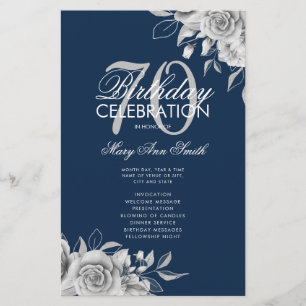 Prospectus 14 Cm X 21,6 Cm Floral 70th Birthday Programme Silver Navy avec me