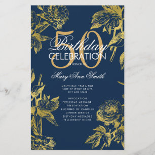 Prospectus 14 Cm X 21,6 Cm Glam Floral 50th Birthday Program Gold Navy Menu