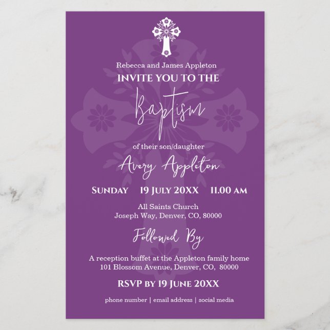 Prospectus 14 Cm X 21,6 Cm Invitation budgétaire Croix florale Baptême Plum d (Devant)