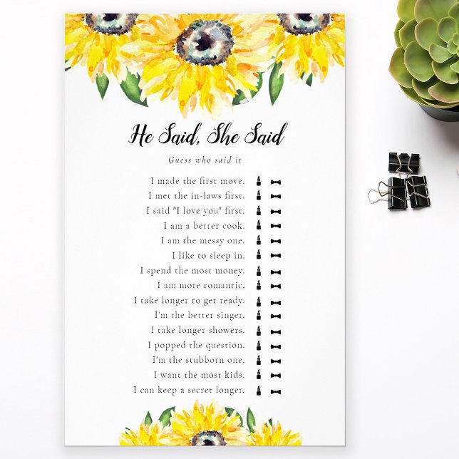 Prospectus 14 Cm X 21,6 Cm Jeux de mariage thème tournesol "Il a dit, elle a  (Créateur téléchargé)