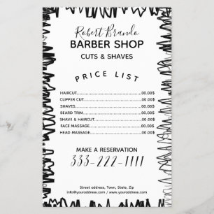 Prospectus 14 Cm X 21,6 Cm Liste de prix de barbier noir et blanc bordure de