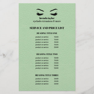 PROSPECTUS 14 CM X 21,6 CM LISTE DE SERVICES DU SALON DE CILS EN CUIR VERT GL