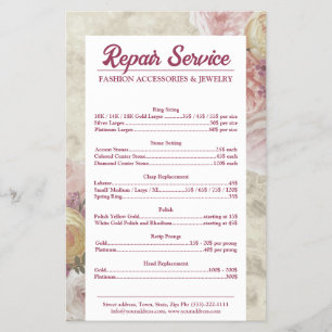 Prospectus 14 Cm X 21,6 Cm Liste des prix de réparation de bijoux Pony rose