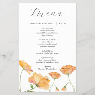 Prospectus 14 Cm X 21,6 Cm Mariage Menus Aquarelle Orange Fleurs