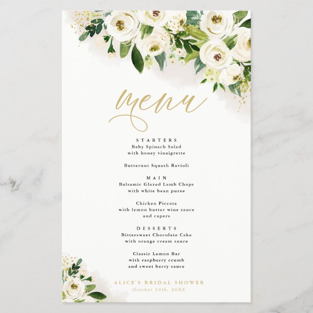 Prospectus 14 Cm X 21,6 Cm Menu du dîner Floral Blanc et Or (Devant)