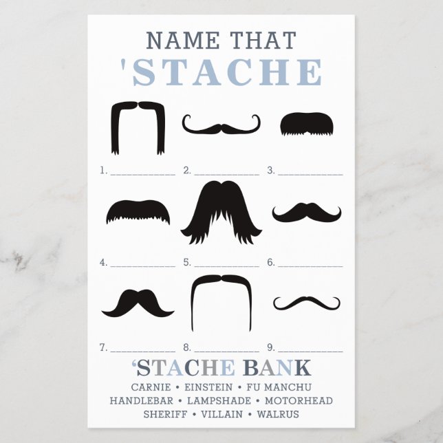 Prospectus 14 Cm X 21,6 Cm Nom Mustache Jeu, Bleu, Gris (Devant)
