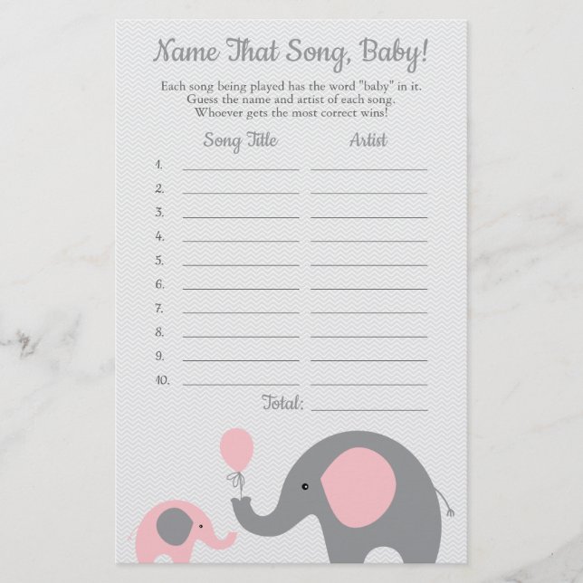 Prospectus 14 Cm X 21,6 Cm Pink Elephant Guess the Baby Song Baby shower Game (Devant)