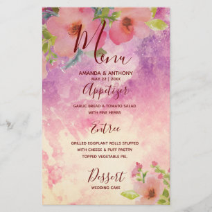 Prospectus 14 Cm X 21,6 Cm Pink fait à la main aquarelle floral mariage menu 