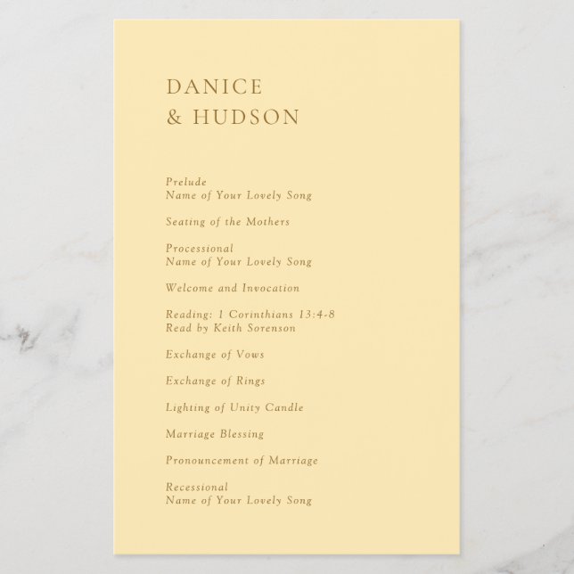 Prospectus 14 Cm X 21,6 Cm Programme de mariage minimaliste jaune beurre à pe (Devant)