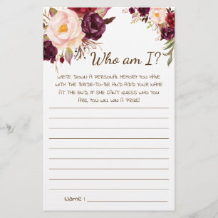 Prospectus 14 Cm X 21,6 Cm Qui suis-je? Carte de jeu pour Baby Shower Fleurs 