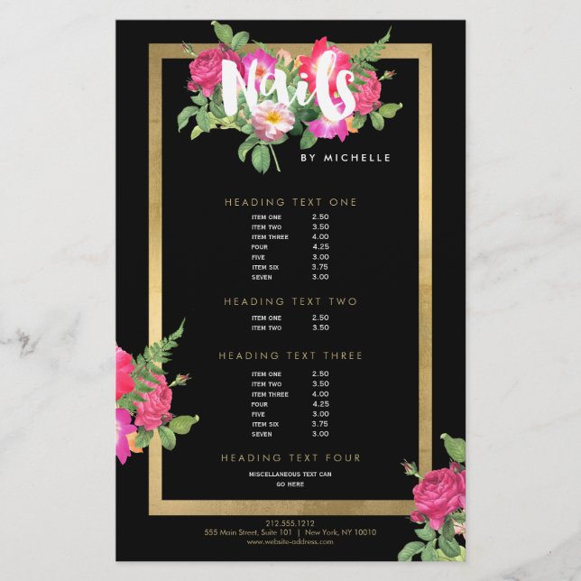 Prospectus 14 Cm X 21,6 Cm Salon de manucure Beauty Florals Black (Devant)