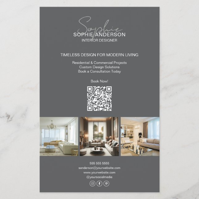 Prospectus 14 Cm X 21,6 Cm Script Moderne Photo QR Gris Professionnel Entrepr (Devant)