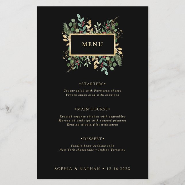 Prospectus 14 Cm X 21,6 Cm Vert doré sur noir | Menu Mariage de Noël (Devant)