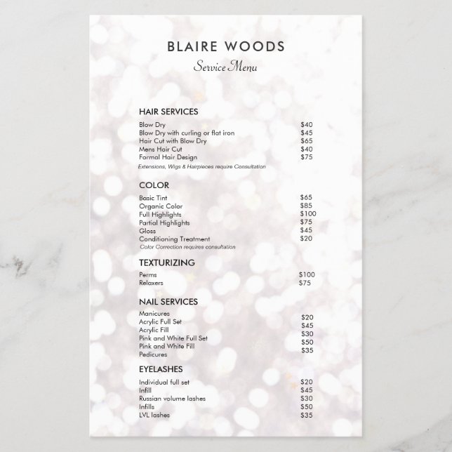 Prospectus 14 Cm X 21,6 Cm White Bokeh Parties scintillant Hair Salon Prix Me (Devant)