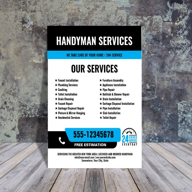 Prospectus 21,6 Cm X 24,94 Cm 24h/24, 7j/7 Handyman & Plumbing Services BLACK BL (Créateur téléchargé)