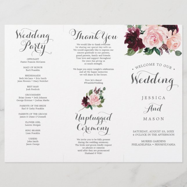 Prospectus 21,6 Cm X 24,94 Cm Blush Bourgogne Tri-Fold Wedding Programme avec Me (Devant)