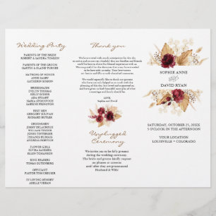 Prospectus 21,6 Cm X 24,94 Cm Bourgogne Floral Pampas Programme de Mariage Grass