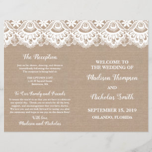Prospectus 21,6 Cm X 24,94 Cm Brochures du programme de mariage de burlap et den