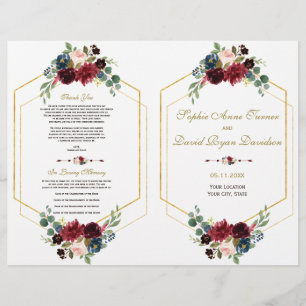 Prospectus 21,6 Cm X 24,94 Cm Burgundy Navy Floral Gold Frame Wedding Programme