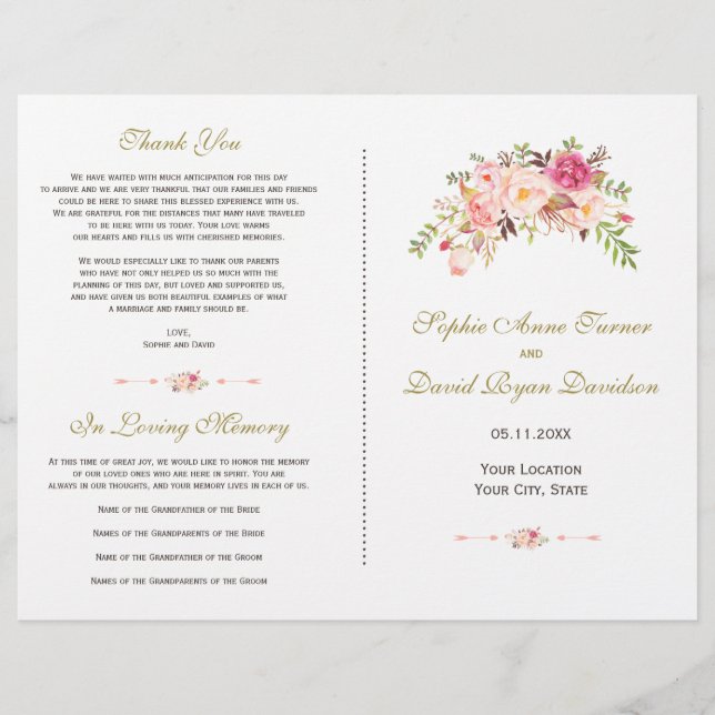Prospectus 21,6 Cm X 24,94 Cm Charm Watercolor Blush Pink Floral Wedding Program (Devant)