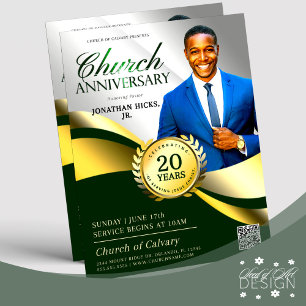 Prospectus 21,6 Cm X 24,94 Cm Église Anniversaire Pastorale Service Vert & Or