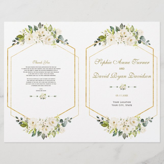 Prospectus 21,6 Cm X 24,94 Cm Élégant programme de mariage de cadres or aux fleu (Devant)