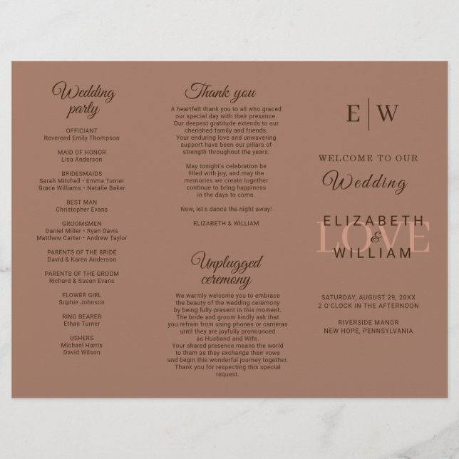 Prospectus 21,6 Cm X 24,94 Cm Elégante Mocha Mousse simple avec Mariage Monogram (Devant)