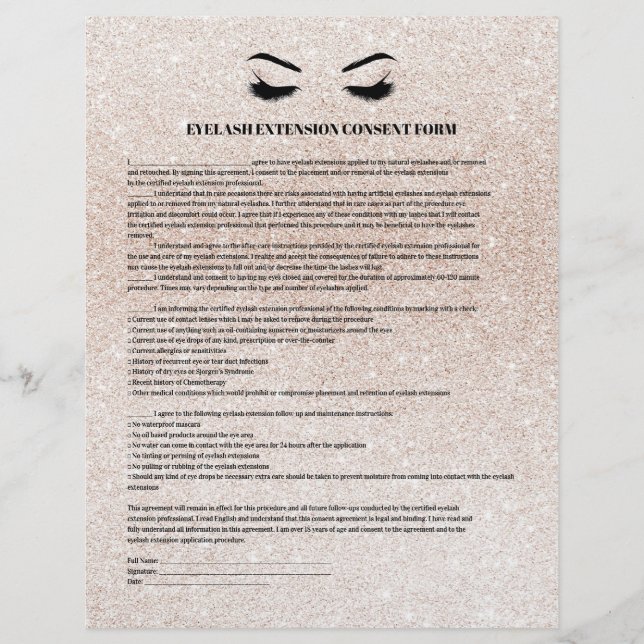 Prospectus 21,6 Cm X 24,94 Cm FORME DE CONSENTEMENT D'EXTENSION EYELASH Glamour (Devant)