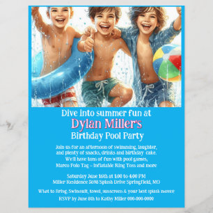 Prospectus 21,6 Cm X 24,94 Cm Garçons Anniversaire Pool Party Invitation Flyer