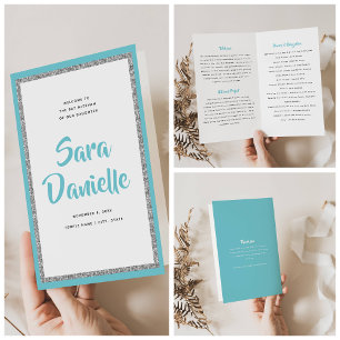 Prospectus 21,6 Cm X 24,94 Cm Glitterie Argent & Bat mitzvah Bleu Programme Plié