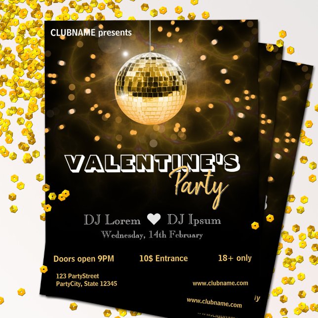 Prospectus 21,6 Cm X 24,94 Cm Gold Disco Ball Valentine's Day Party Flyer (Créateur téléchargé)