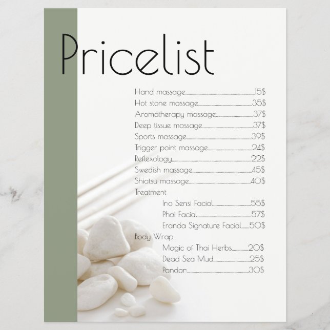 Prospectus 21,6 Cm X 24,94 Cm Massage spa Gris Blanc Pierres Tarifs (Devant)