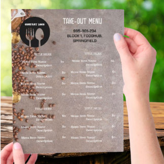 Prospectus 21,6 Cm X 24,94 Cm Menu de restaurant à thème café à emporter avec co